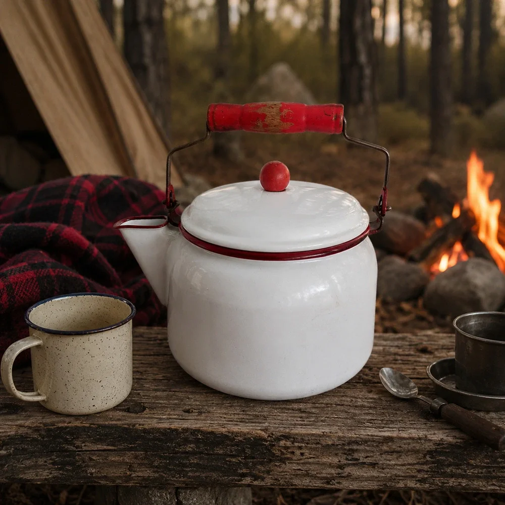 🏕️🚙Enamelware Kettle Coffee Pot White Red Wood Handle Farmhouse Camp Cowboy